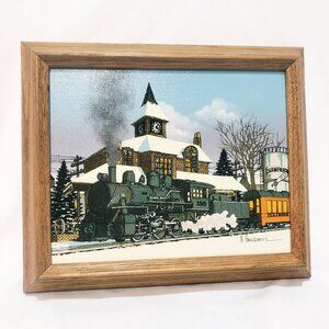 Hargrove Oil Painting Steam Train at Champaign Train Station Illinois 12" x 10"
